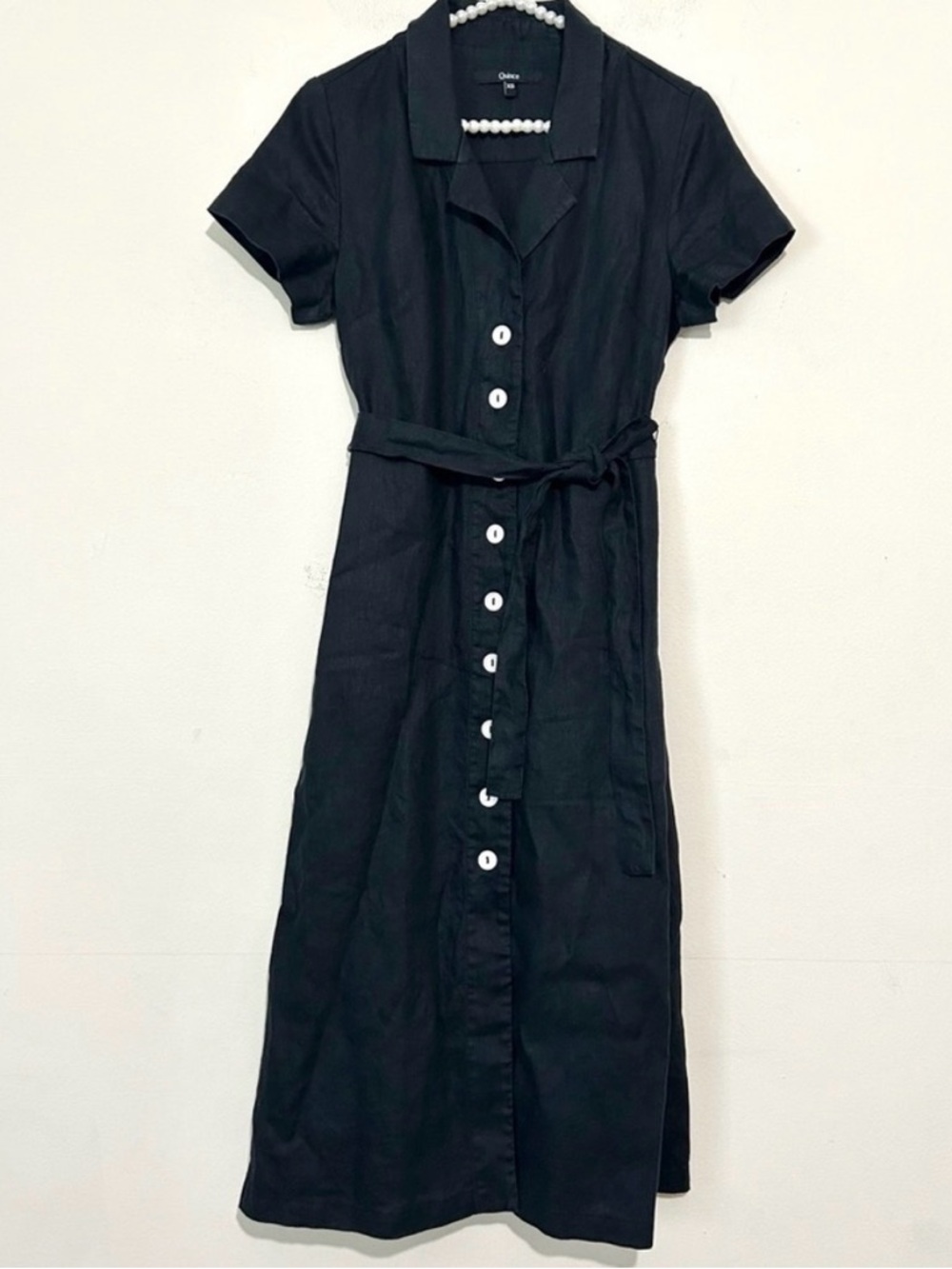 Quince Short Sleeve Black Linen Belted Midi Shirt Dress SIZE XS - Picture 2 of 7